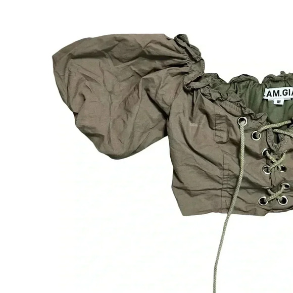 I AM GIA Green Off Shoulder Puff Sleeve Lace Up Corset Cropped Crop Top M - Picture 3 of 8